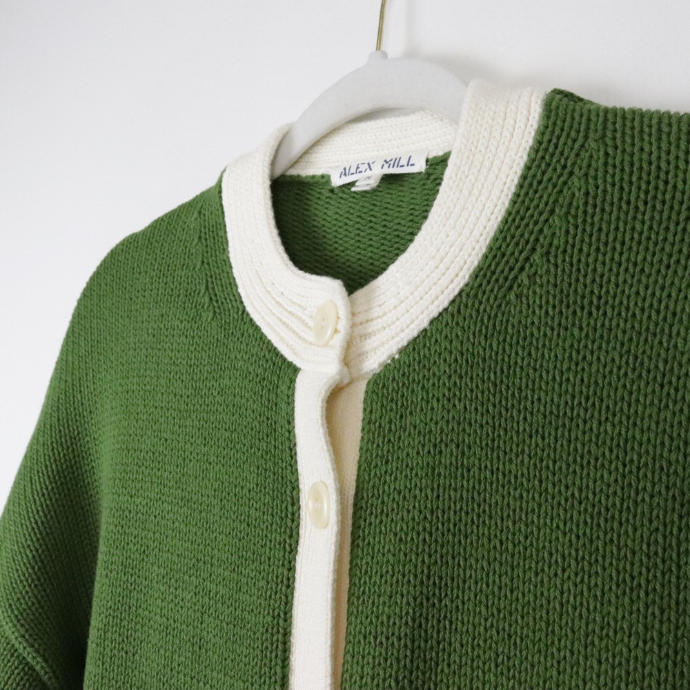 Alex Mill Nico Tipped Cardigan Medium Leaf Green Ivory White 100% Cotton Sweater - Picture 5 of 8